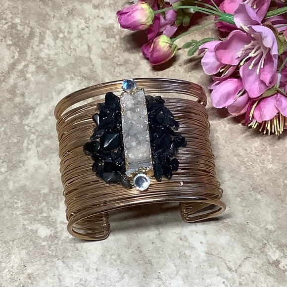 🌸 2PC BRACELET GOLD SET DRUZY BLING ONYX BUNDLE CUFF BOHEMIAN DIAMOND BOHO CHIC - Picture 2 of 7